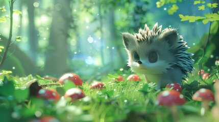 Wall Mural - Cute hedgehog in a magical forest for children's designs