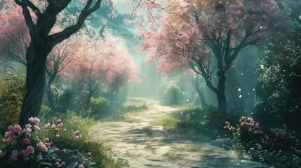 Wall Mural - A path through a garden with trees blossoming, symbolizing the growth of thought.