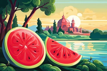 Juicy watermelon flat design side view summer picnic water color Complementary Color Scheme