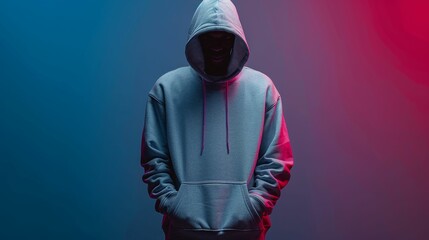 Wall Mural - Unrecognizable man in hoodie standing against blue and red background