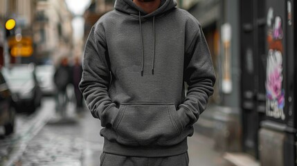 Canvas Print - Unrecognizable man wearing hooded sweatshirt standing in the street