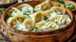 © weerasak - A close-up of delicious steamed dumplings topped with green onions, served in a bamboo steamer, perfect for an Asian culinary theme.