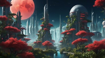 Wall Mural - futuristic city with plants and night red moon