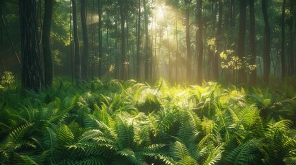 Wall Mural - A peaceful forest glade with sunlight streaming through the trees, illuminating a carpet of ferns. 8k, full ultra HD, high resolution, cinematic photography