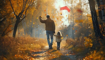Wall Mural - Autumn Adventure: A Father and Daughter Bonding Over Flying Kites in the Forest