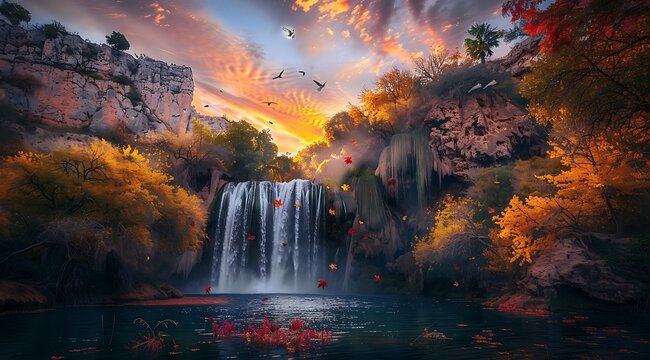 Photo of a waterfall on the west shore in the desert, colorful foliage on both sides, a beautiful sunset sky, 