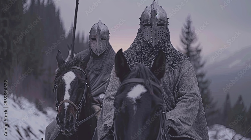 Two medieval knights in metal armor and helmets, on horseback ...