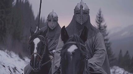 Two medieval knights in metal armor and helmets, on horseback. Historical reconstruction of battle on the battlefield. A group of armed horsemen of the past. Illustration for varied design.