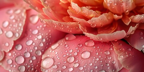 Wall Mural - Macro Shot of Coral Peony Petals with Water Droplets on Textured Background. Concept Macrophotography, Floral Close-Up, Water Droplets, Textured Background, Coral Peony