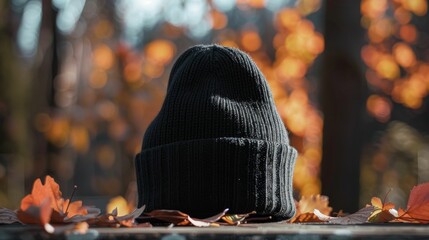 Woolen hat on a bench in the park. Autumn background.jpeg