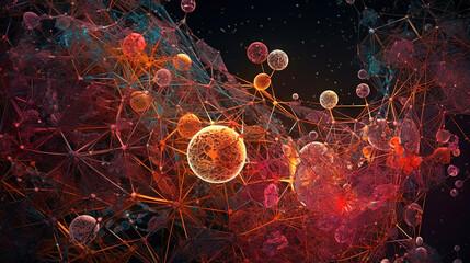 Poster - Abstract scientific concept with connected cells and particles. Science microscopic background.