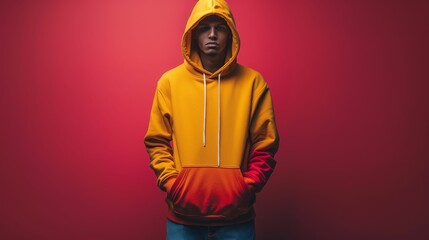 Wall Mural - young african american man in yellow hoodie, isolated on red