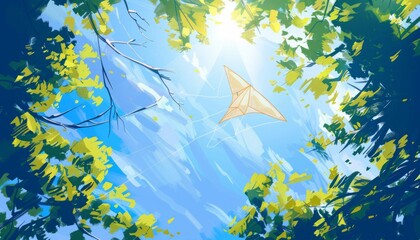 Wall Mural - Sunlit Serenity: Kite Soaring in a Blue Sky Amidst Lush Undergrowth