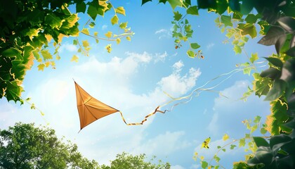 Wall Mural - Up, Up, and Away: Flying High with a Kite in a Sunny Blue Sky