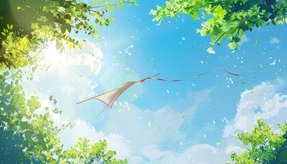 Wall Mural - Joyful Afternoon: Flying Kite in the Sunny Blue Sky