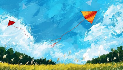 Wall Mural - Farmyard Fun: Kite Flying Beneath the Blue Sky