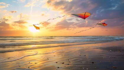 Wall Mural - Serenity in the Sky: Sunset Kite Flying by the Beach at 7:4