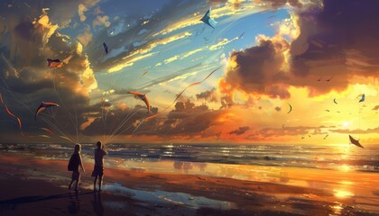 Wall Mural - Serenity in the Skies: Sunset Kite Flying at Beach AR7:4