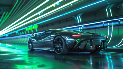 Wall Mural - Gunmetal grey sports car in a tunnel with green and blue neon lighting, sleek capture in high resolution.