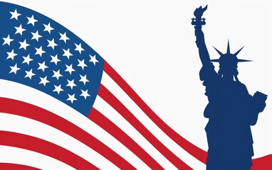 Wall Mural - American flag with stars and stripes in red, white and blue, an illustration of the torch from Lady Liberty holding up a statue head with a flame coming out Generative AI