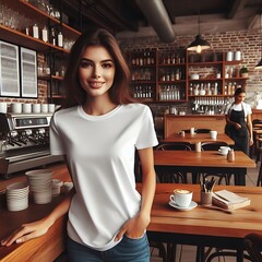 Wall Mural - A woman standing mockup t shirts white in a restaurant highquality unique Artistic harmony Artistic.