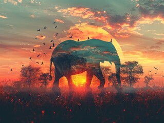 Majestic Elephant Silhouette with Vibrant Birds - Close-Up Double Exposure Artwork