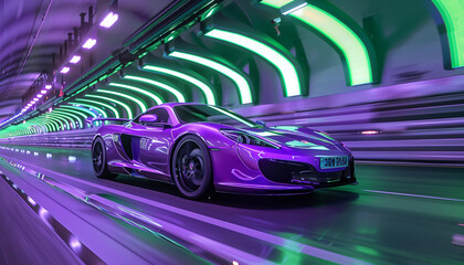 Wall Mural - Lavender sports car cruising through a tunnel illuminated by lime green neon, high-speed, high-resolution image.