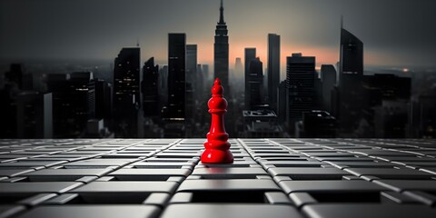 Wall Mural - Chessboard with skyscraper chess pieces symbolizing business strategy monochrome with red accents. Concept Business Strategy, Chess Pieces, Skyscraper, Monochrome, Red Accents