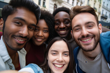 Diverse group of friends in the city, smiling and taking a selfie, radiating happiness and togetherness. Capturing the essence of friendship and unity among young adults