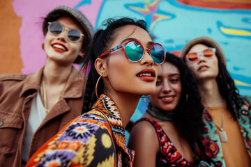 Four fashionable people striking a pose against a vibrant, graffiti-covered wall. They are showcasing their unique styles and enjoying each other's company in an urban setting