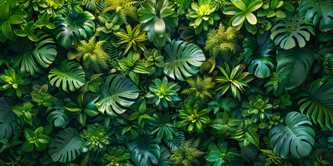 A bright tapestry of tropical plants showcases the life of a lush rainforest ecosystem