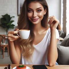 Wall Mural - A woman mockup shirts white holding a cup of coffee realistic optimized high-quality descriptive.