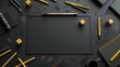 © FR - The office supplies include pencils, pens, and paper clips.A collection of black and yellow office supplies neatly arranged on a black table.
