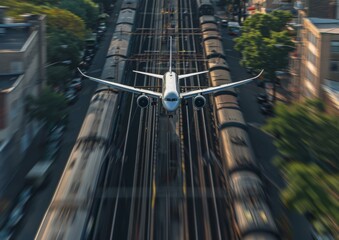 Airplane flying low over train tracks in urban area. AI.