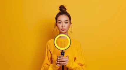 Woman in Yellow Sweater with Studio Light, Yellow Background, Stylish and Modern Portrait, Perfect for Fashion and Creative Use