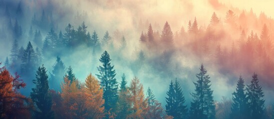 Colorful foggy forest in autumn. Panoramic view of the misty pine and spruce trees at sunrise. Beautiful natural background.