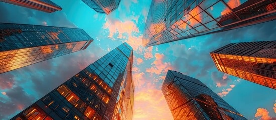 Wall Mural - A photo of tall buildings from the ground looking up at sky, with clouds in background, cinematic lighting.
