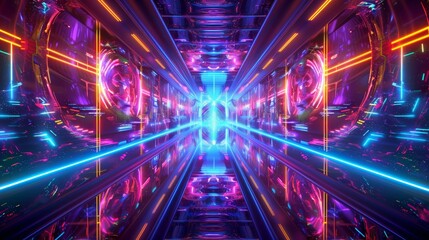Wall Mural - Futuristic tunnel with neon lights for science fiction or technology designs