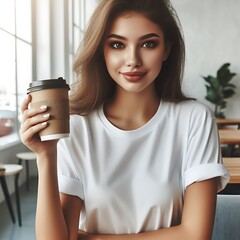 Poster - A woman mockup shirts white holding a coffee cup realistic unique optimized descriptive.