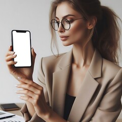 Poster - A woman mockup shirts white holding a phone ,realistic ,descriptive ,realistic.