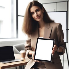 Wall Mural - A woman mockup shirts white holding a tablet accessible descriptive Illustrative accessible.