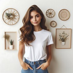 Wall Mural - A woman standing mockup t shirts white in front of a wall with pictures highquality unique Vibrant highquality harmony unique.