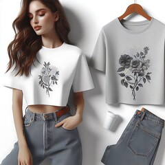 Wall Mural - A woman standing mockup t shirts white next to a shirt and jeans.