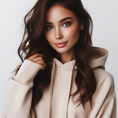 A woman with long brown hair wearing a hoodie highquality unique informative creative optimized creative.