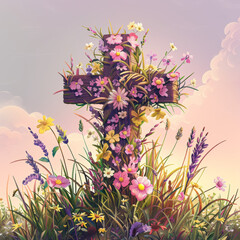 Wall Mural - A jesus cross that consists of colorful flowers	