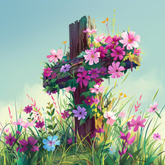 Canvas Print - A jesus cross that consists of colorful flowers	