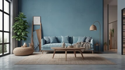 Modern Blue Living Room Interior Design. Interior of light living room with Blue sofa, coffee table