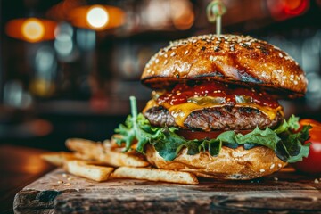 Gourmet burger with cheese and fresh vegetables on rustic background