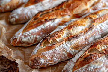 Wall Mural - Golden crusty French baguettes freshly baked and displayed