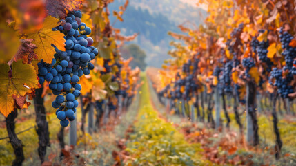 Wall Mural - Vineyard in Autumn Foliage Palette., Harvest time, a stage in the wine-making process, les vendanges, grape harvesting, a seasonal job.